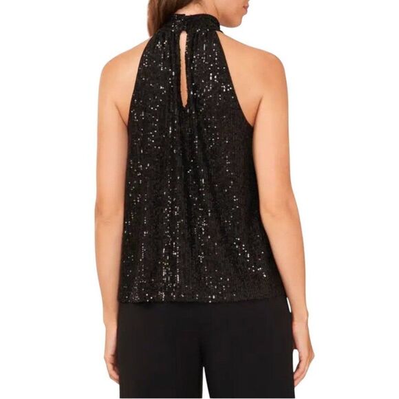 NWT Halogen Black Sequin Halter Top XS Sleeveless Blouse Party Sparkly Formal - Picture 2 of 5